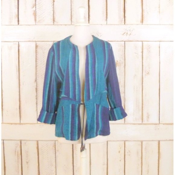 Blue striped woven cotton vintage boho blazer jacket/Cheppu Nepal cover up - Picture 1 of 4